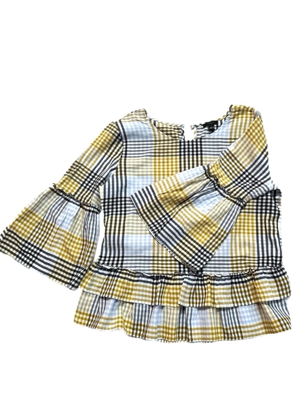 Ann Taylor Factory Plaid Bell Sleeve Ruffle Blouse Size S - Picture 4 of 10